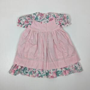 Vintage Handmade Dress Girls Size 4-5T Pink Gingham Floral Pinafore Cottage Core